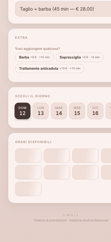 Scelta di extra, giorno e orario nella prenotazione OMNIA